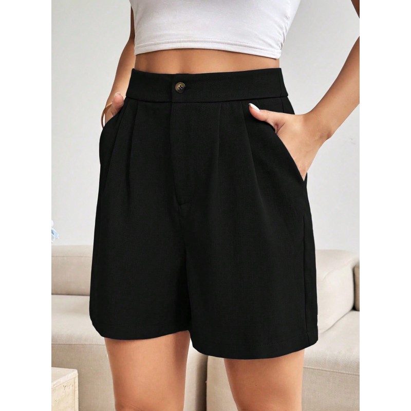 Women's Solid Color Pleated Pocket Loose Casual Shorts