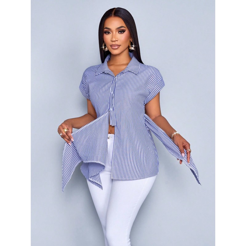 Women's Striped Print Button Front Shirt,Casual Elegant Striped Print Tie Front Detail Blouse