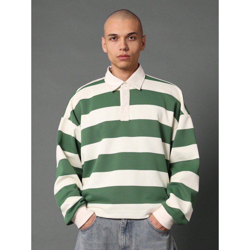 Rugby Style Striped Polo Shirt Casual College Preppy Long Sleeve Sport Varsity Classic Stripe