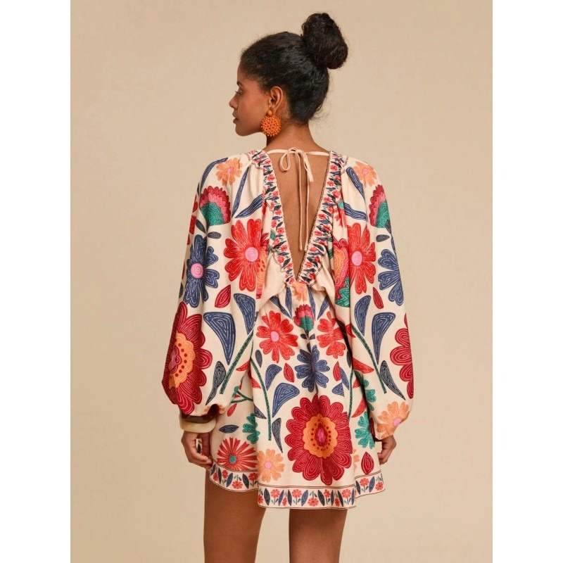 Long Sleeve Mini Chiffon Dress With Floral Print For Women