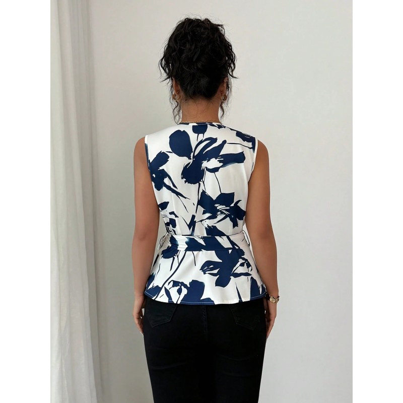 Women's Elegant Floral Print Waist V-Neck Sleeveless Blouse, Summer