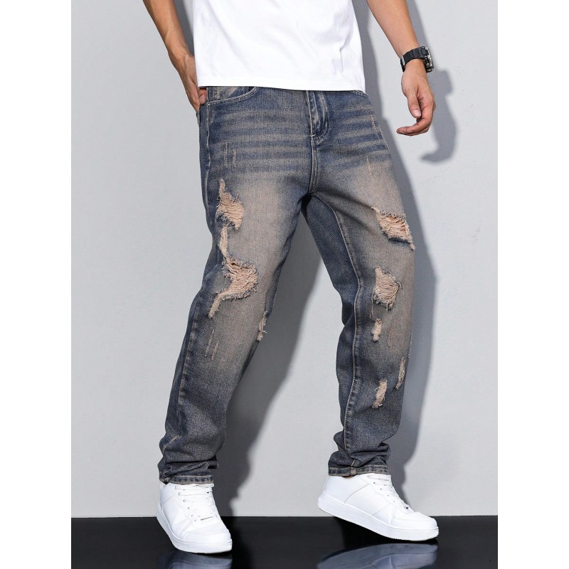 Manfinity Homme Men's Casual Loose Straight Leg Distressed Pockets Denim Jeans