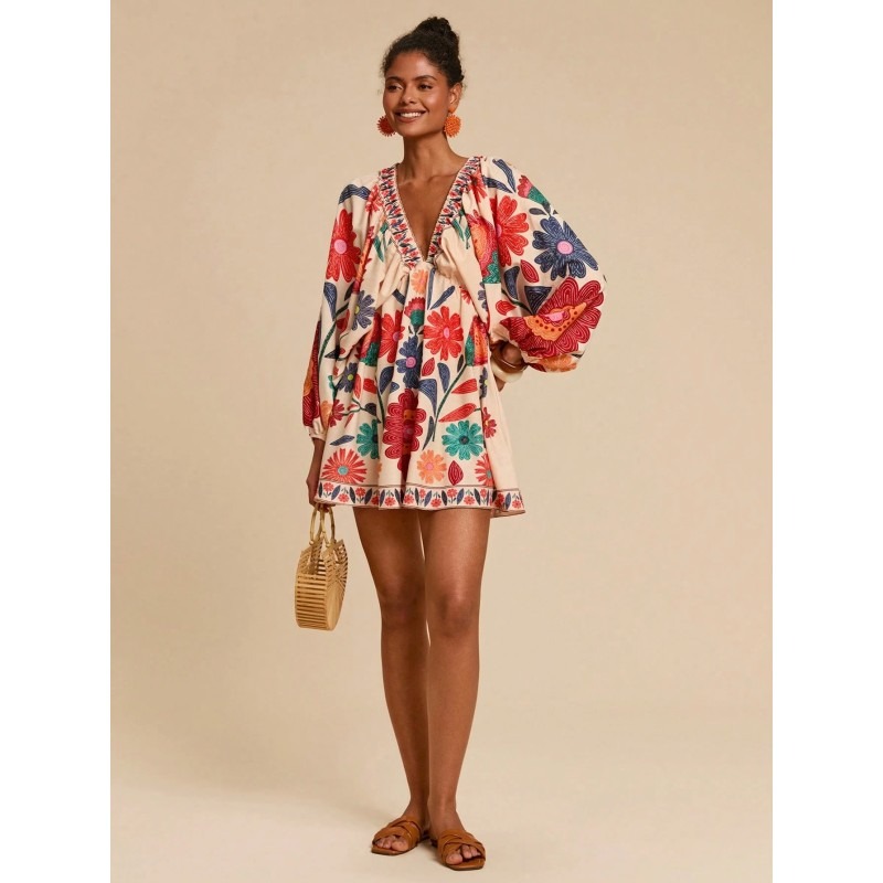 Long Sleeve Mini Chiffon Dress With Floral Print For Women