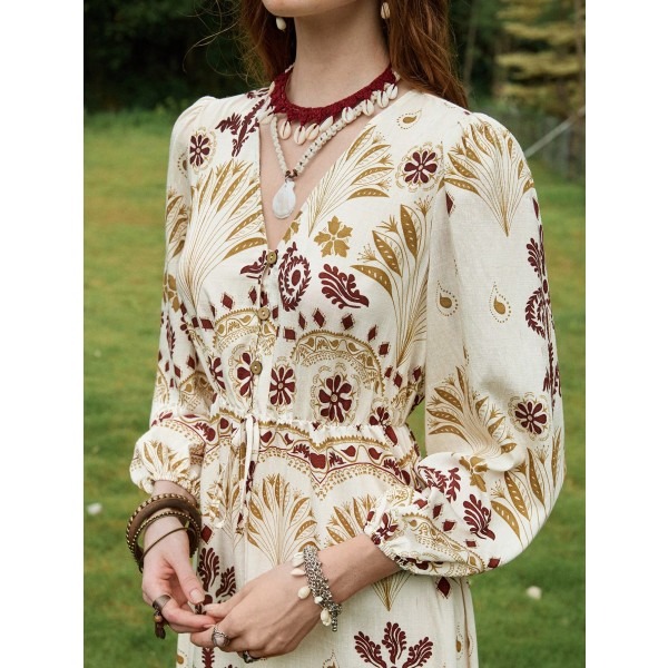 Women's V-Neck Floral Print Elegant Waist Cinched Dress