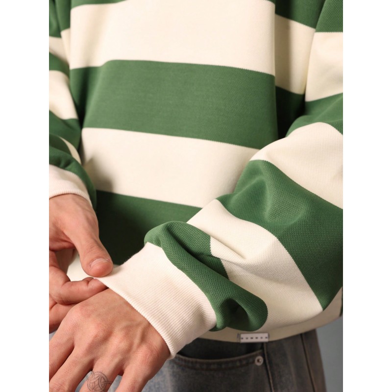 Rugby Style Striped Polo Shirt Casual College Preppy Long Sleeve Sport Varsity Classic Stripe