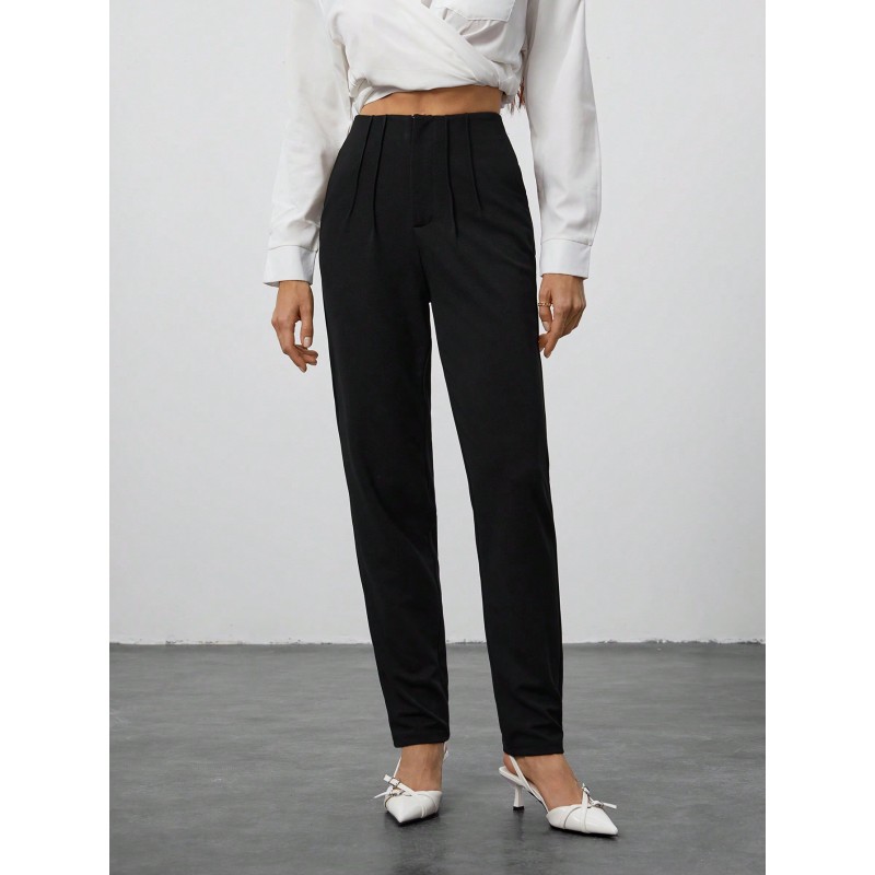 Toothpick Pleated Slim High Waist Three-Quarter Work Pants Women's Trousers