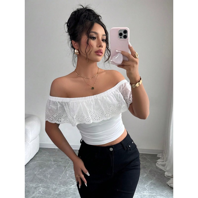 Hollow Out Jacquard Off Shoulder Casual Versatile T-Shirt