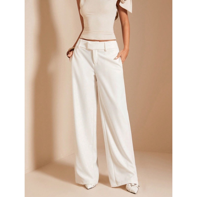 Women Solid Cream White Straight Leg Pants
