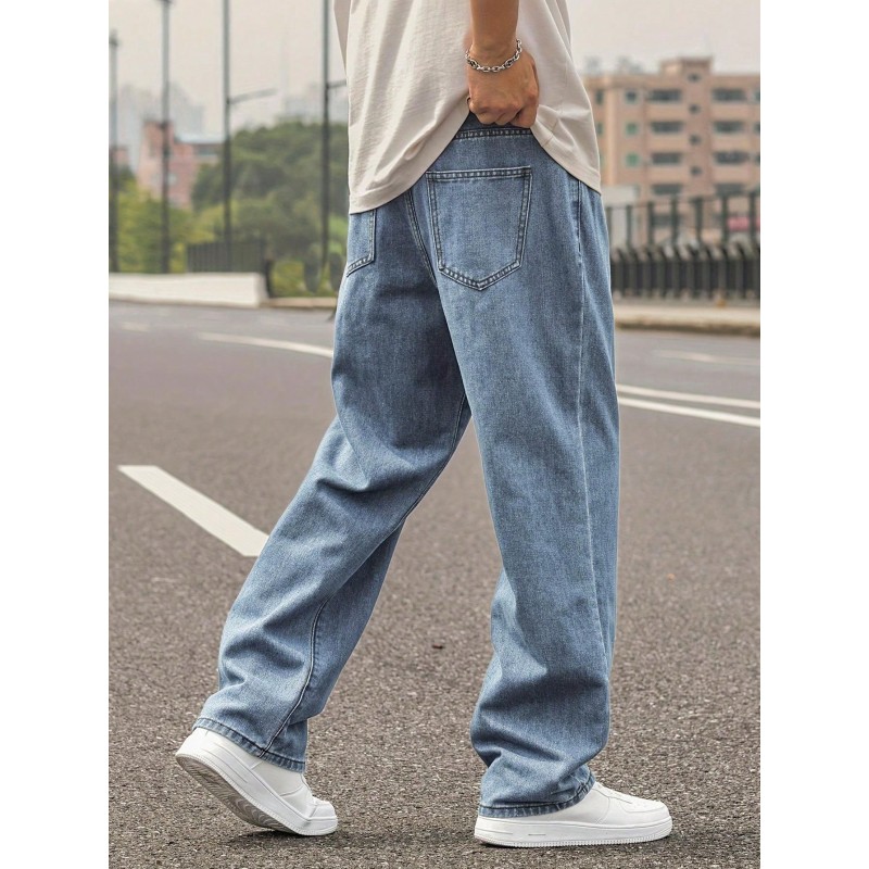 Men's Washed Light Blue Straight Jeans, Men's Loose Jeans