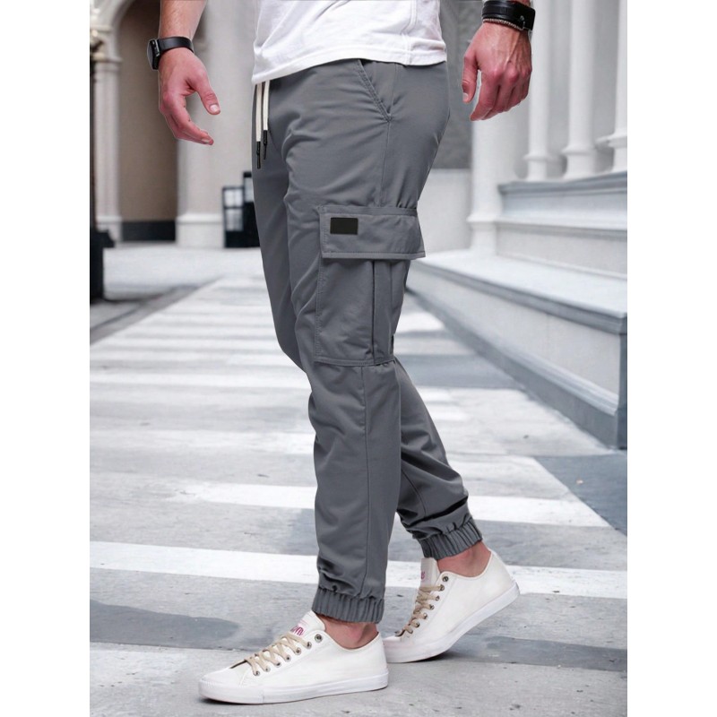 Men's Solid Color Drawstring Multi-Pocket Slim Fit Casual Cargo Pants