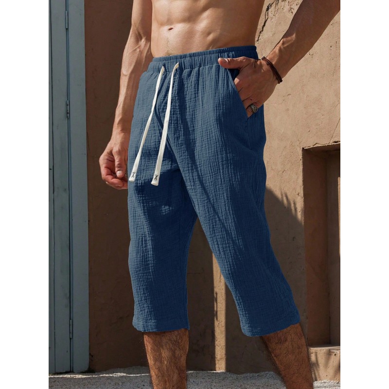 Men's Drawstring Waist Pockets Casual Solid Color 7/8 Cotton Pants