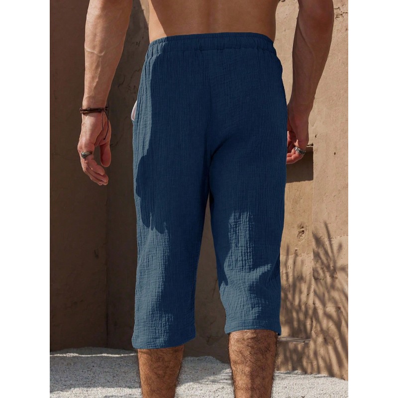 Men's Drawstring Waist Pockets Casual Solid Color 7/8 Cotton Pants