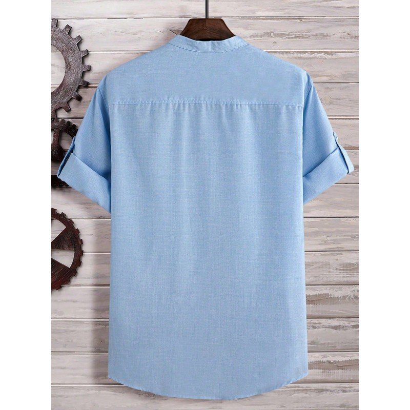 Homme Loose Fit Men's Half Button Roll Up Sleeve Shirt