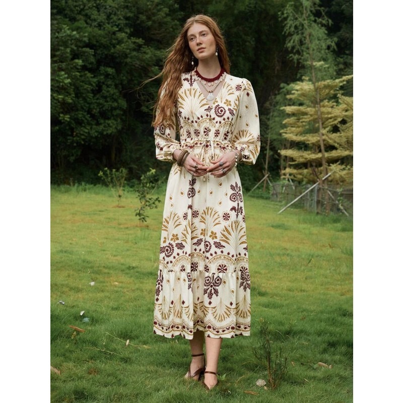 Women's V-Neck Floral Print Elegant Waist Cinched Dress