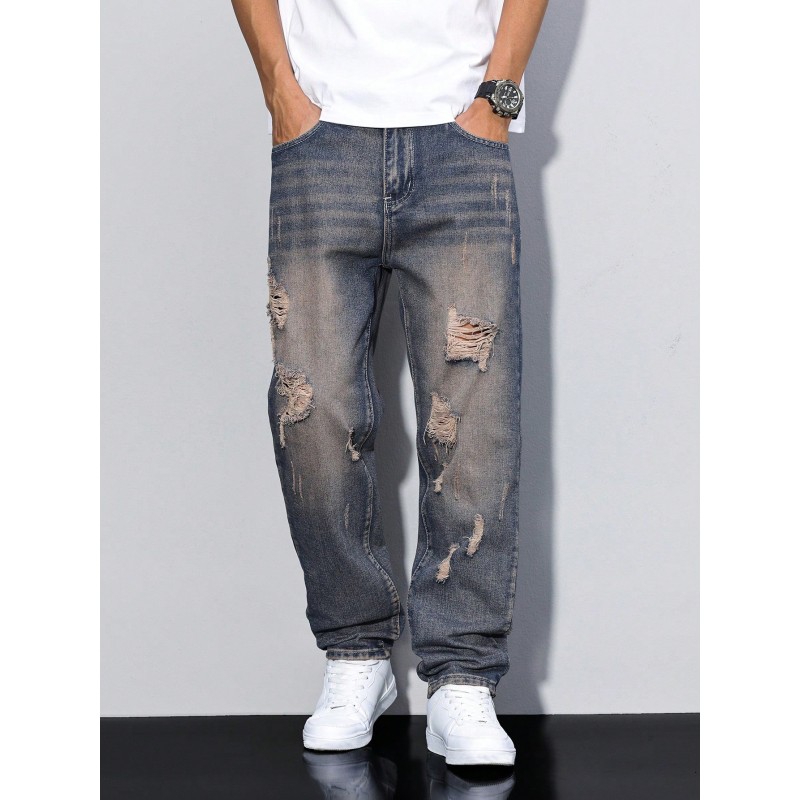 Manfinity Homme Men's Casual Loose Straight Leg Distressed Pockets Denim Jeans