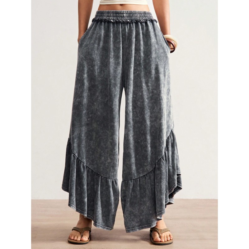 Solid Color Knit Loose Flare Leg Washed Women's Pants