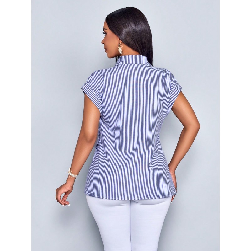 Women's Striped Print Button Front Shirt,Casual Elegant Striped Print Tie Front Detail Blouse