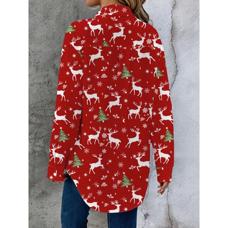 Women Casual Simple Christmas Element Pattern Loose Long Sleeve Shirt