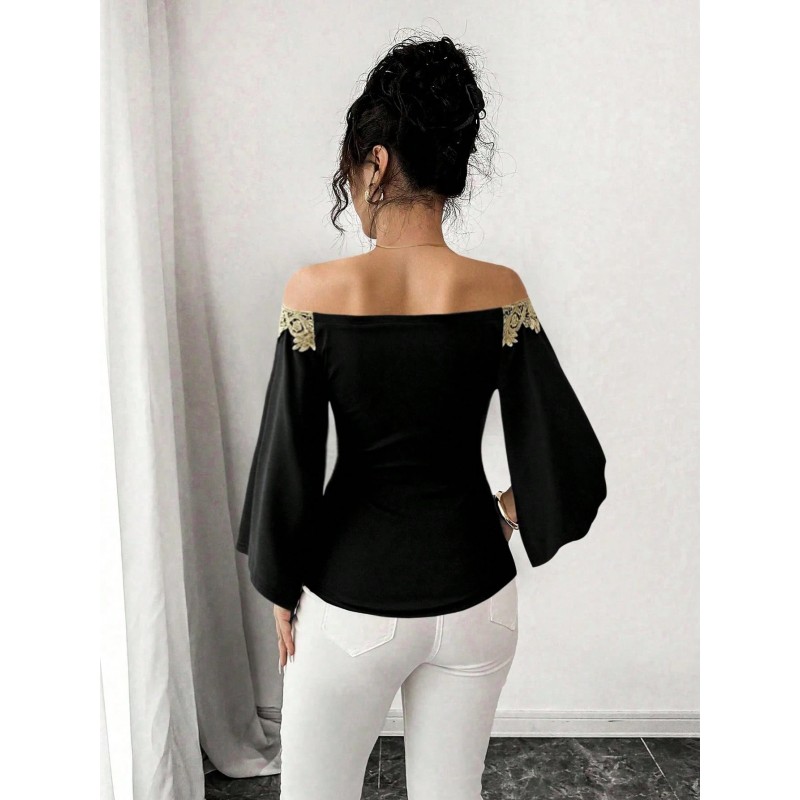 Women Sexy Elegant Daily Gold Floral Decor Off Shoulder T-Shirt