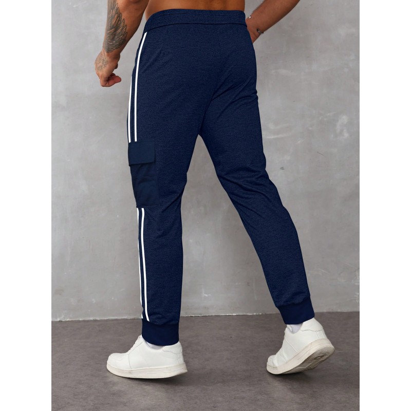 Men Striped Tape Side Flap Pocket Drawstring Waist Jogger Sweatpants