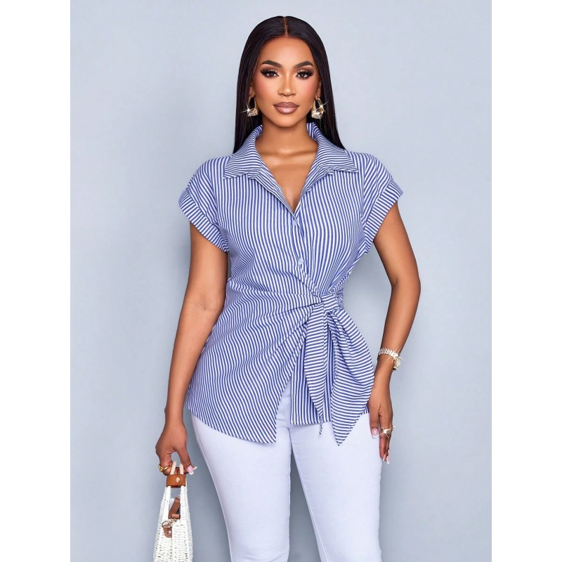 Women's Striped Print Button Front Shirt,Casual Elegant Striped Print Tie Front Detail Blouse
