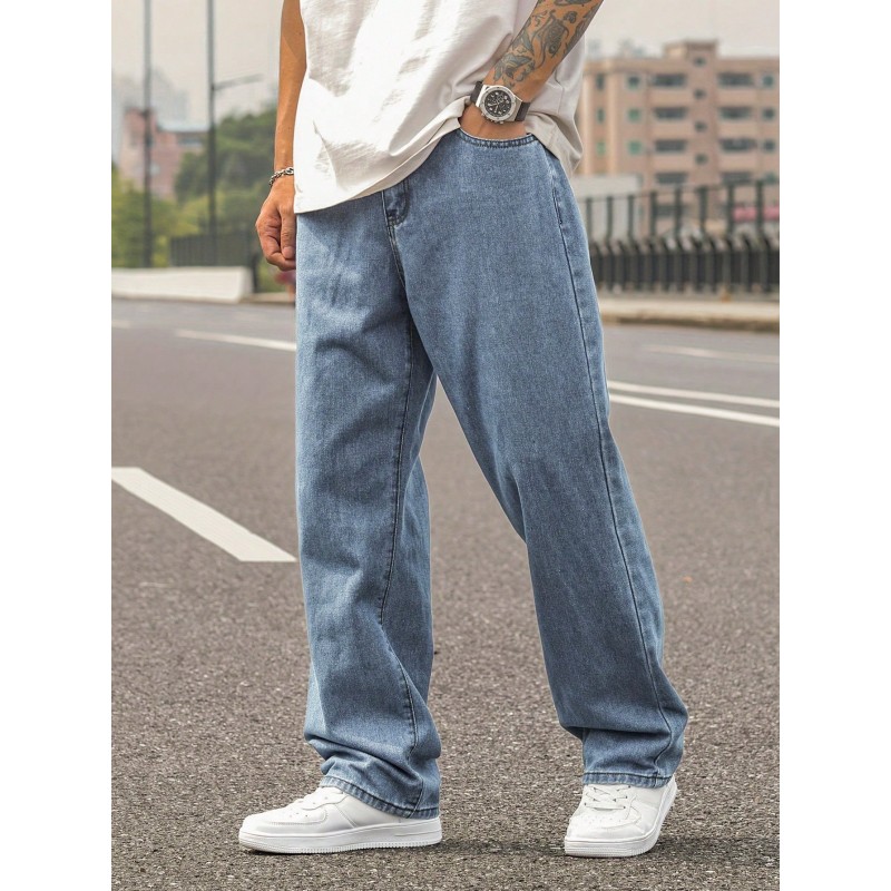 Men's Washed Light Blue Straight Jeans, Men's Loose Jeans