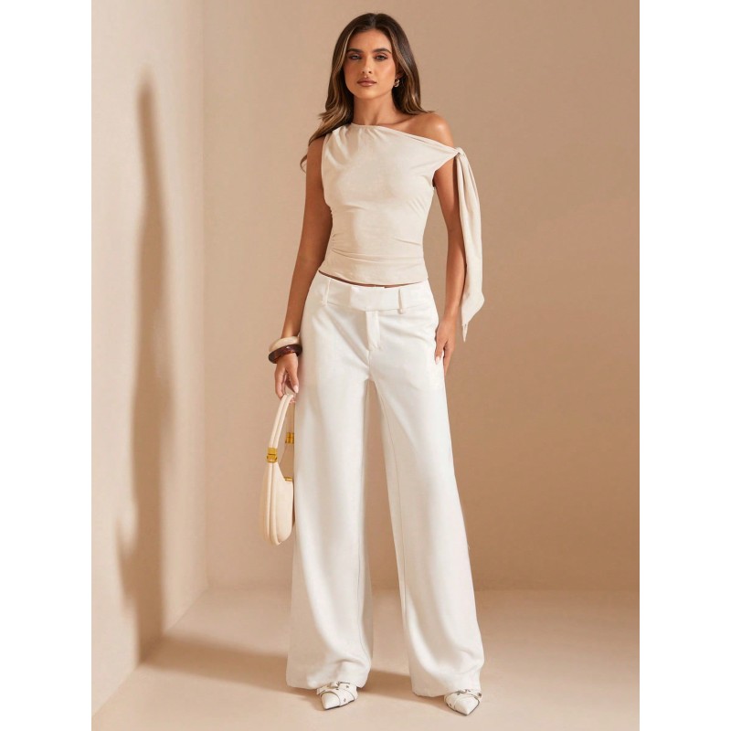 Women Solid Cream White Straight Leg Pants