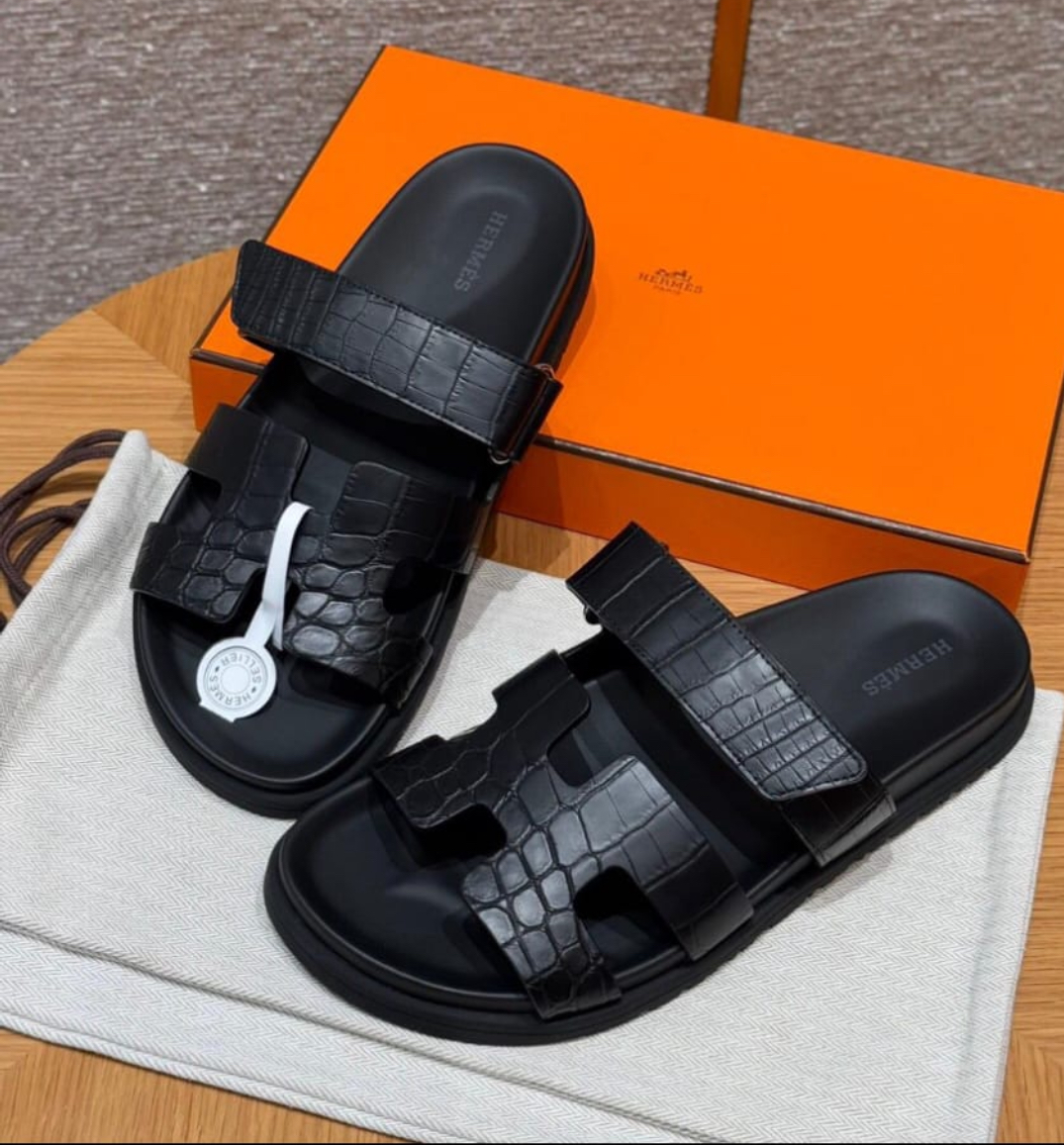 black crocodile leather slippers