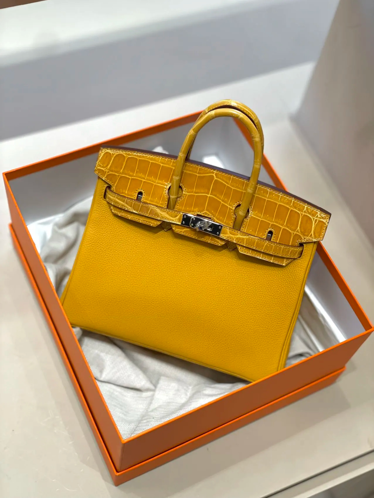 Birkin 25-30 Touch with amber silver buckle, Nile crocodile leather TOGO leather