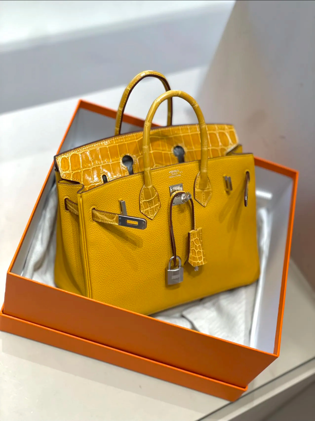 Birkin 25-30 Touch with amber silver buckle, Nile crocodile leather TOGO leather