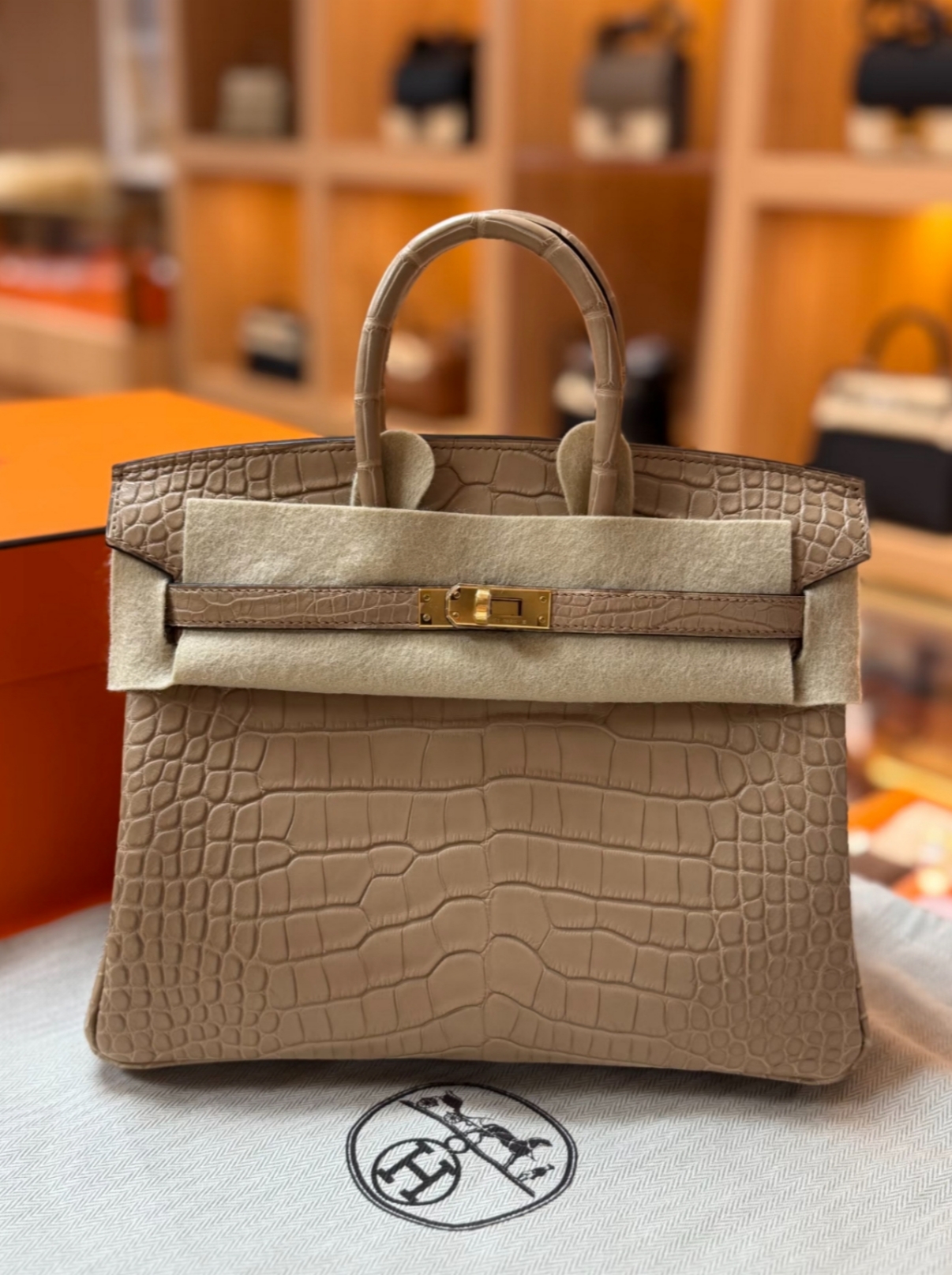 Birkin 25-30 tea-colored gold buckle, matte crocodile leather lining
