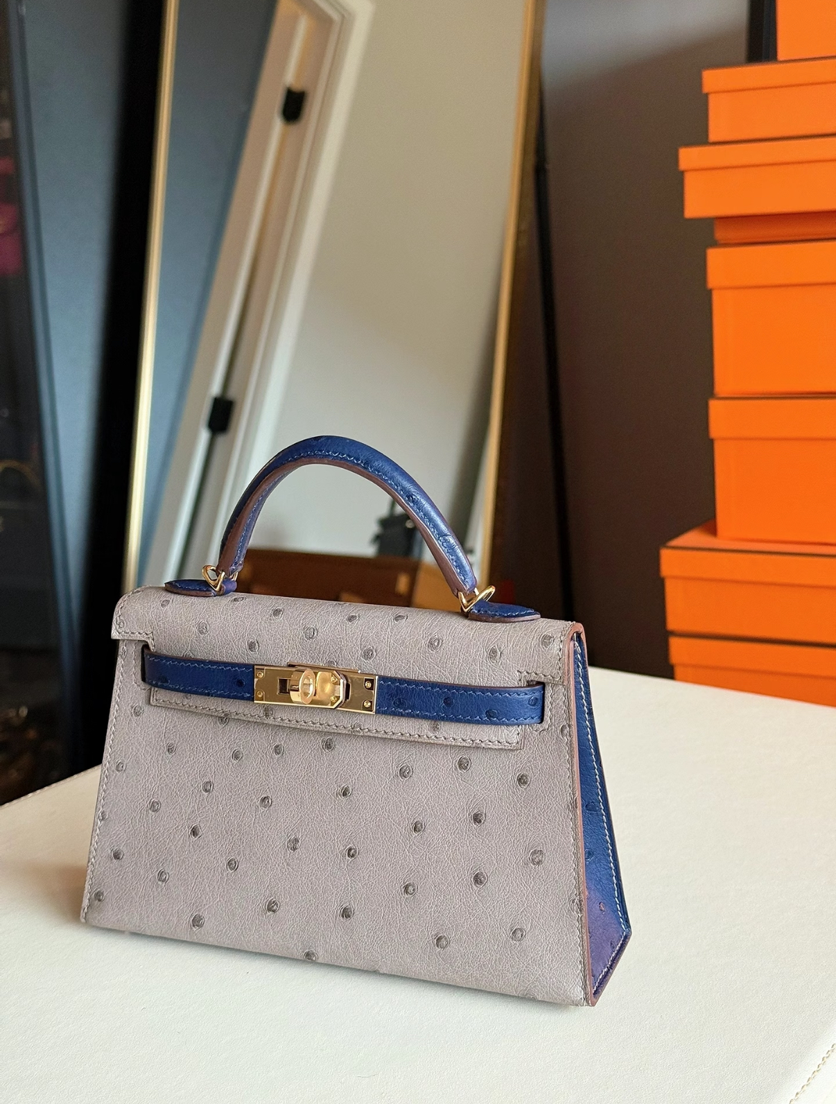 Mini Kelly 19 Dove Grey Iris Blue Ostrich Leather Customizable