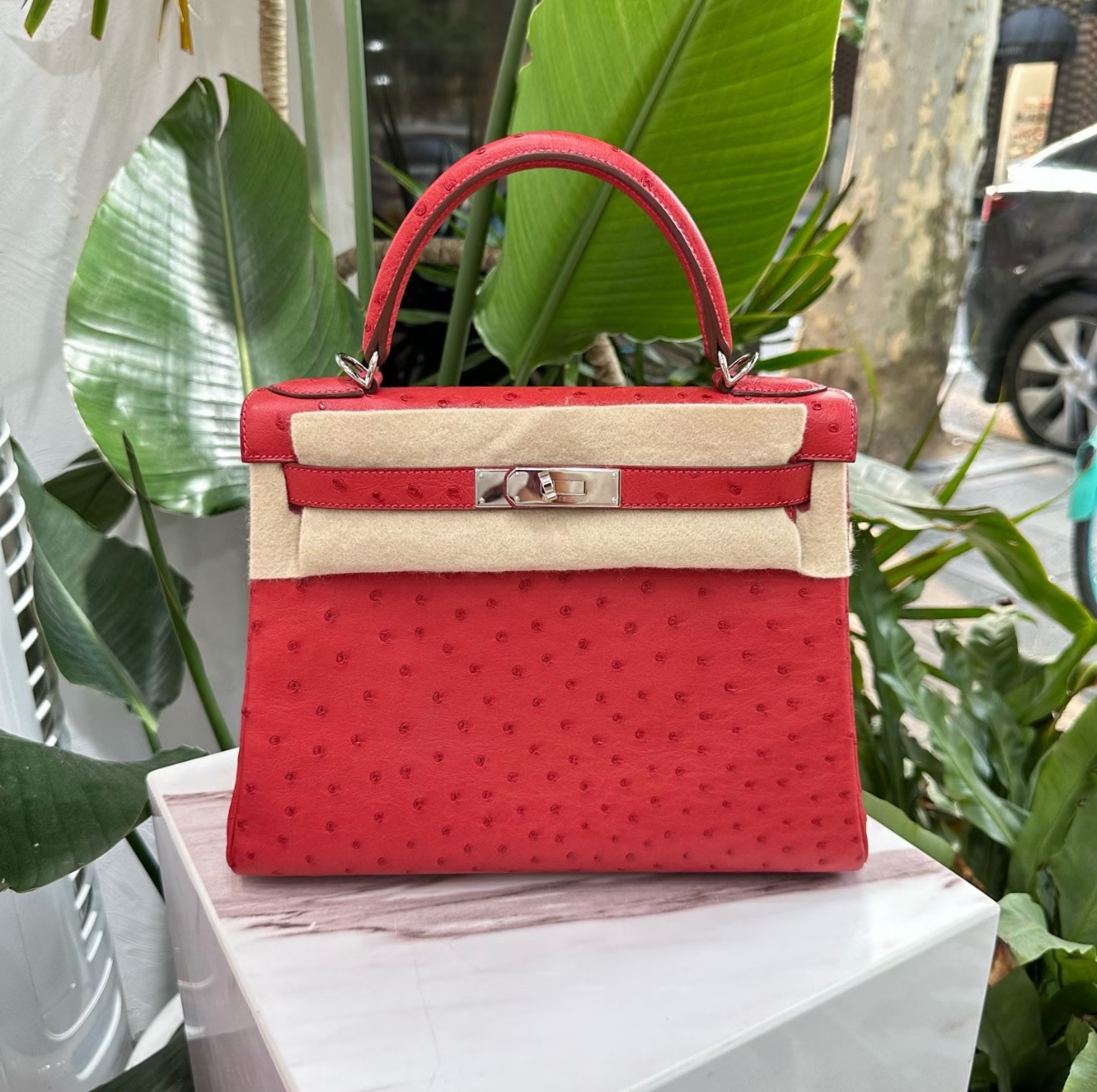 Strawberry Red Kelly 28 Ostrich Leather Gold Buckle Customizable