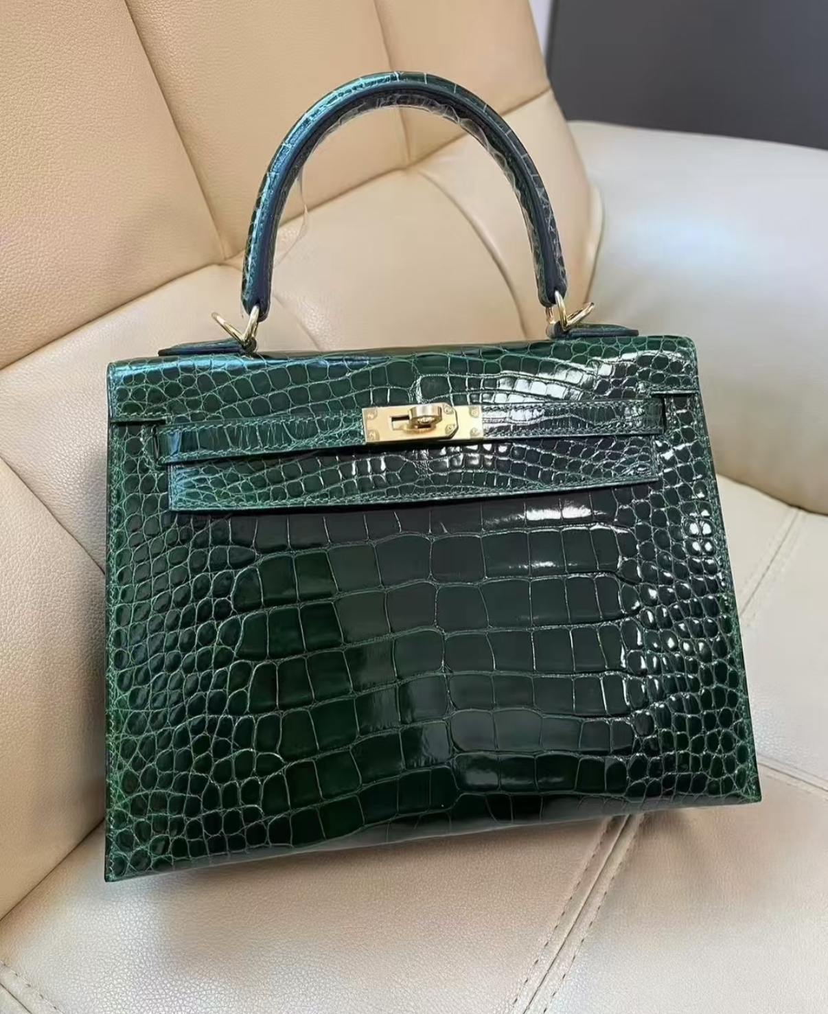 Kelly 25 gold buckle American crocodile shiny emerald green custom