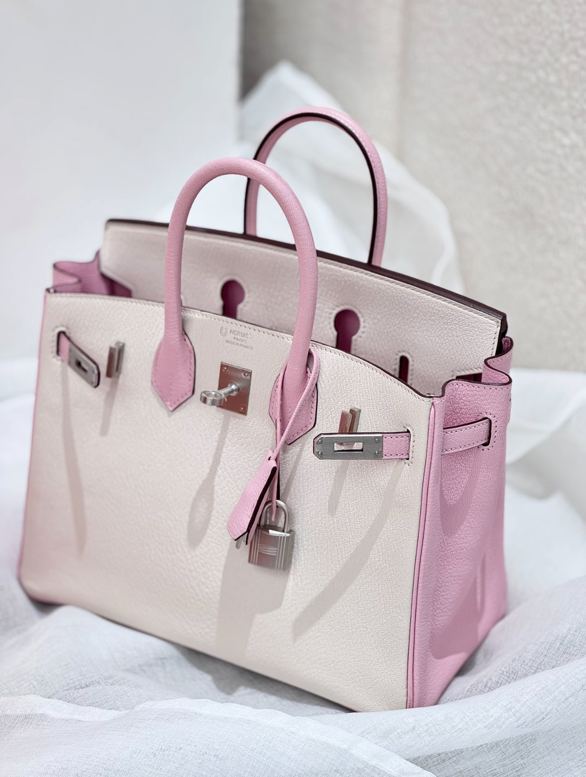 Birkin 25-30 Sakura Pink and Milkshake White Silver Buckle Goatskin