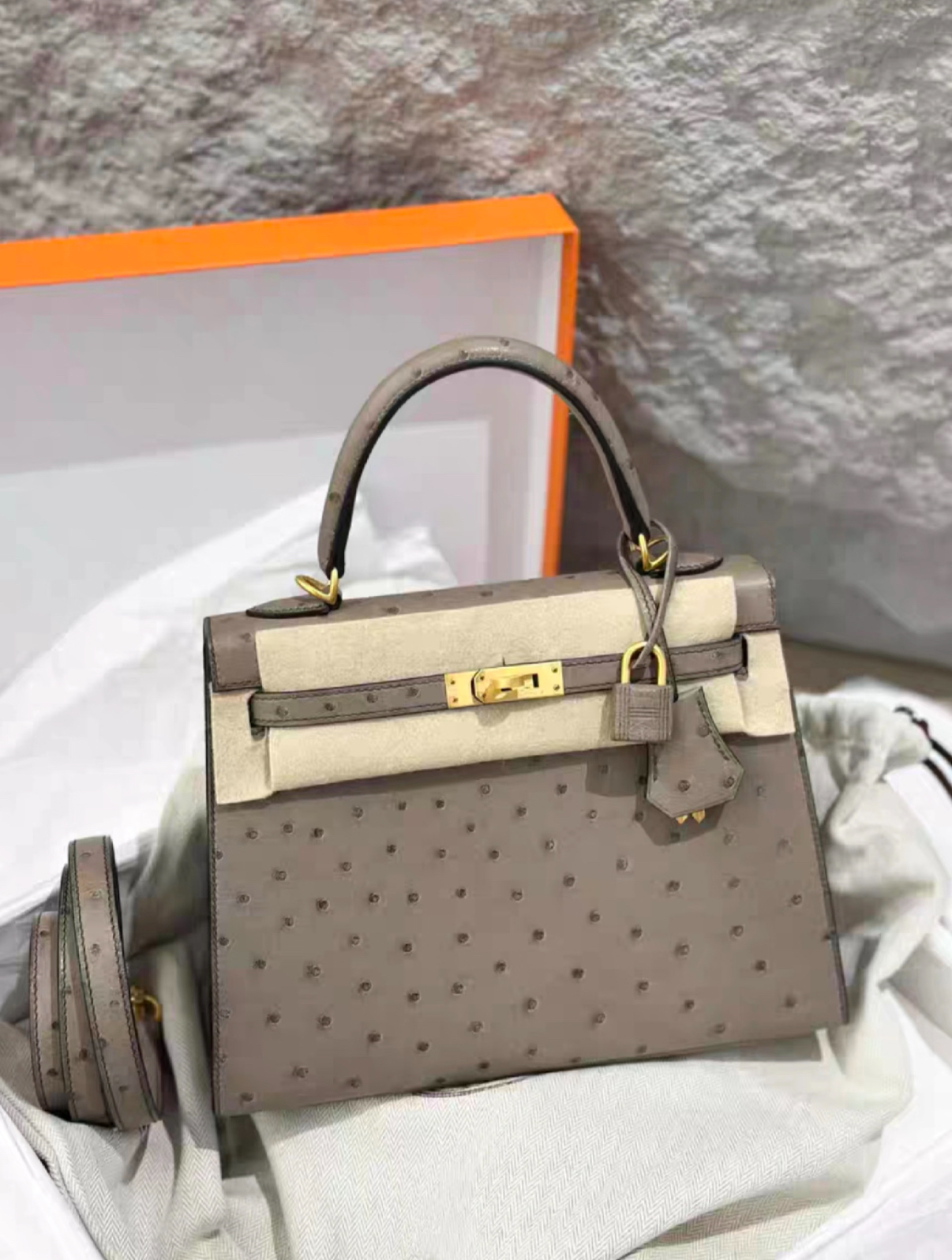 Kelly 25-28 Galaxy Grey gold buckle ostrich leather