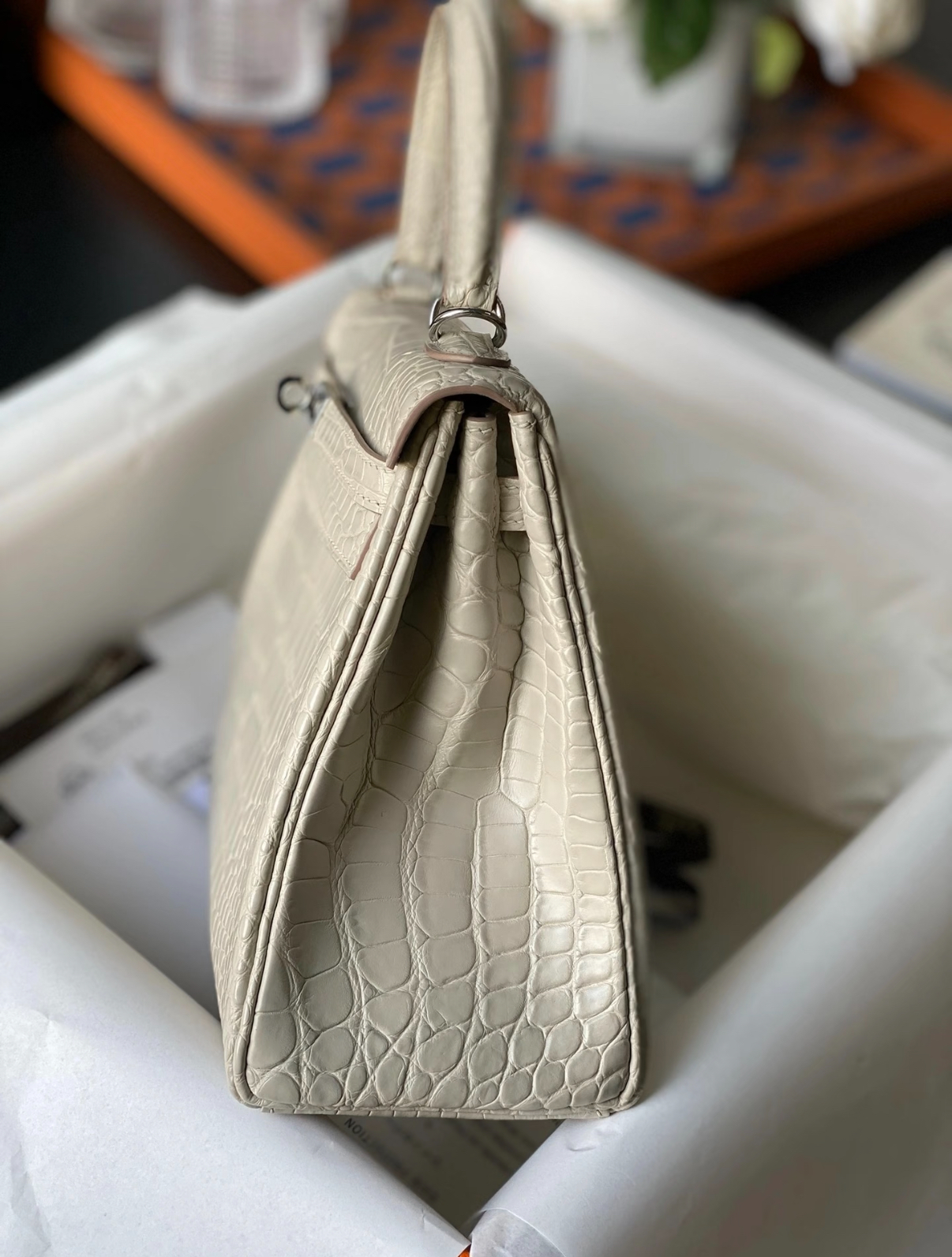 Kelly 25-28 Glacier White Matte Crocodile Leather Custom