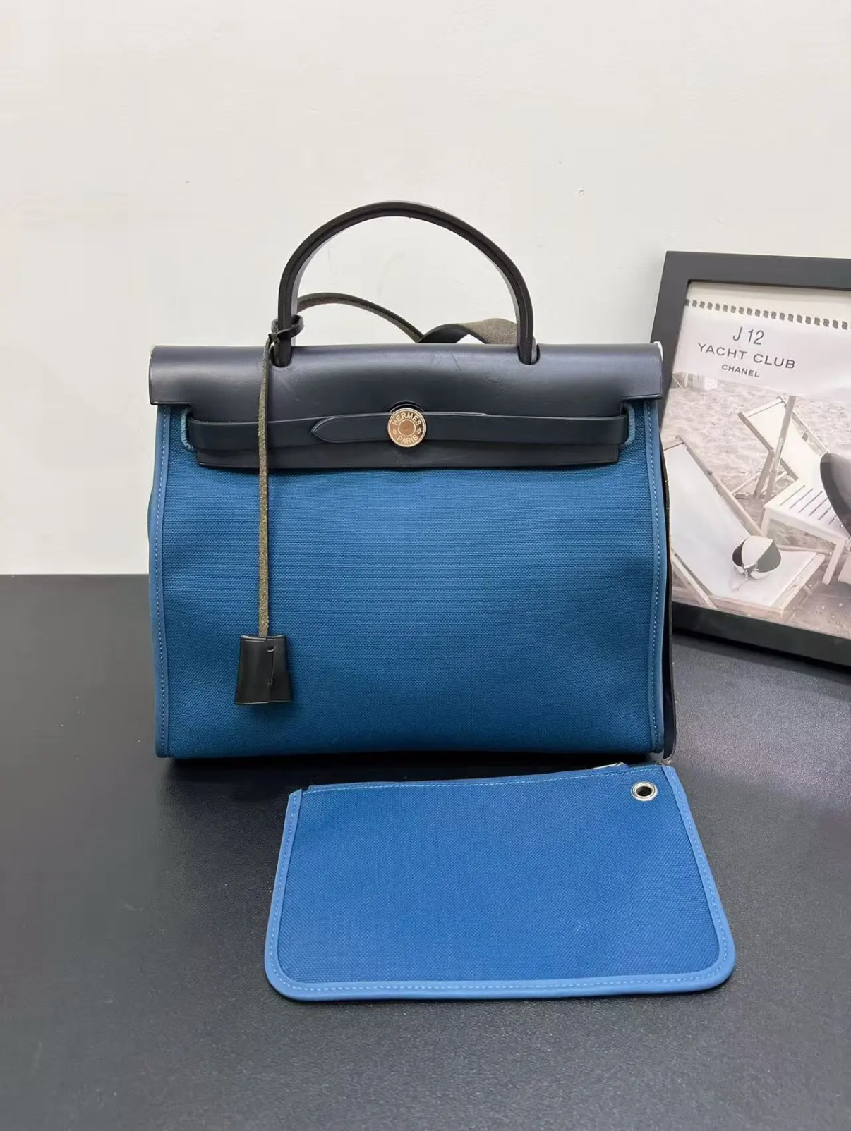 Herbag 31 blue black leather tote bag