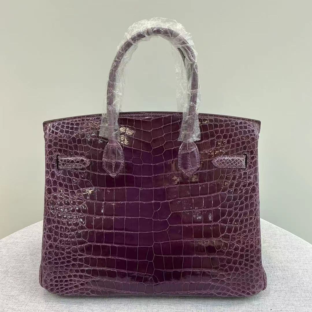 Birkin 25-35 inverted V shiny crocodile grape purple Gold buckle