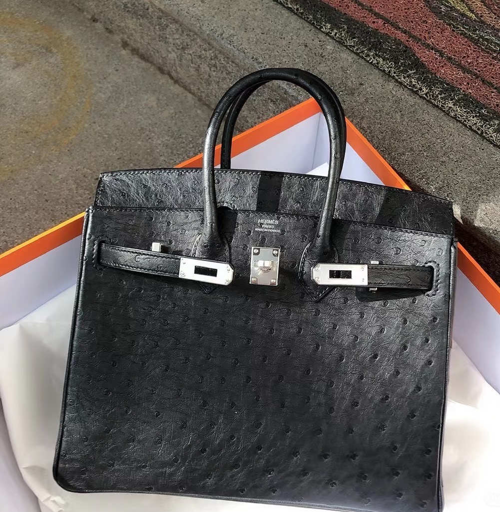Birkin 25-35 Black Ostrich Leather with Black Buckle