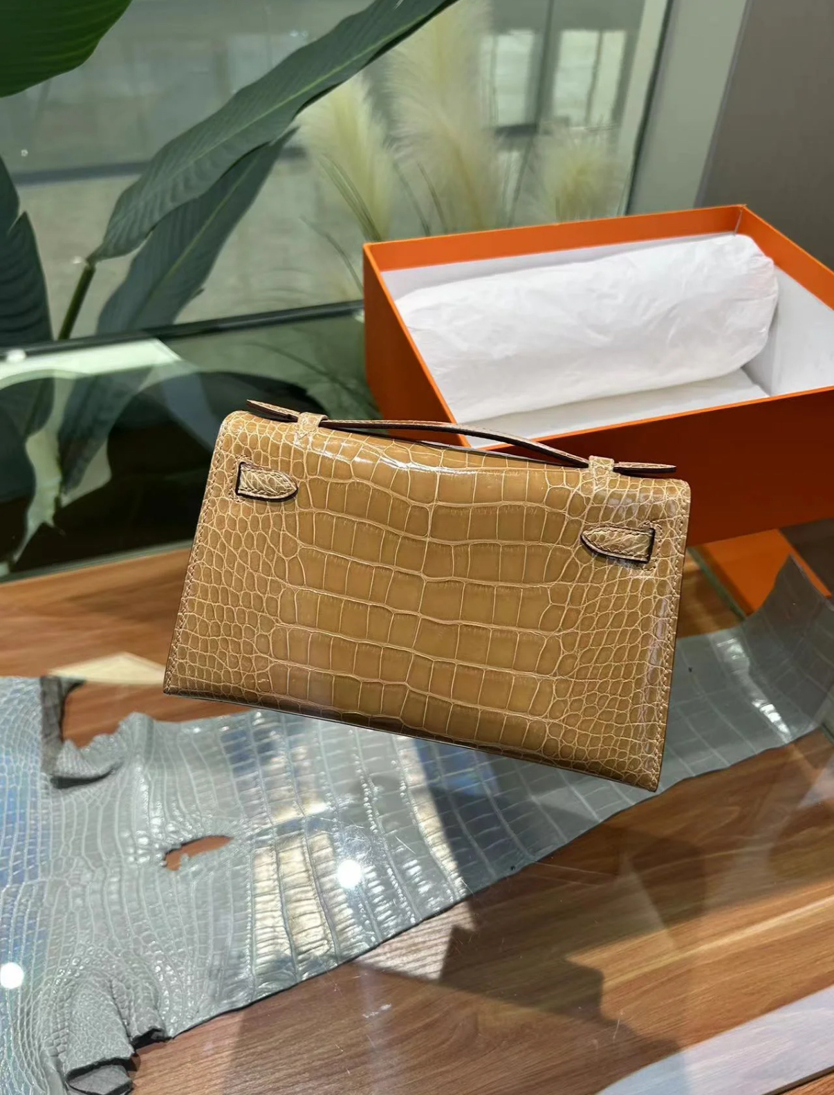 Kelly mini 1,ginger yellow glossy crocodile leather silver hardware custom