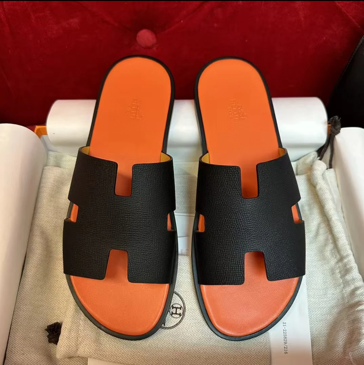 Men's slippers, orange and black