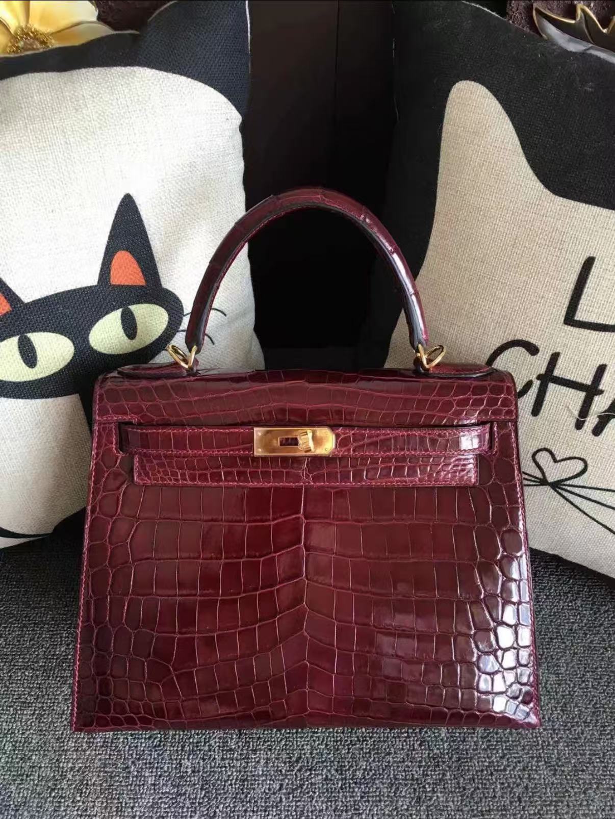 Kelly 25-28 Bordeaux red crocodile leather Custom