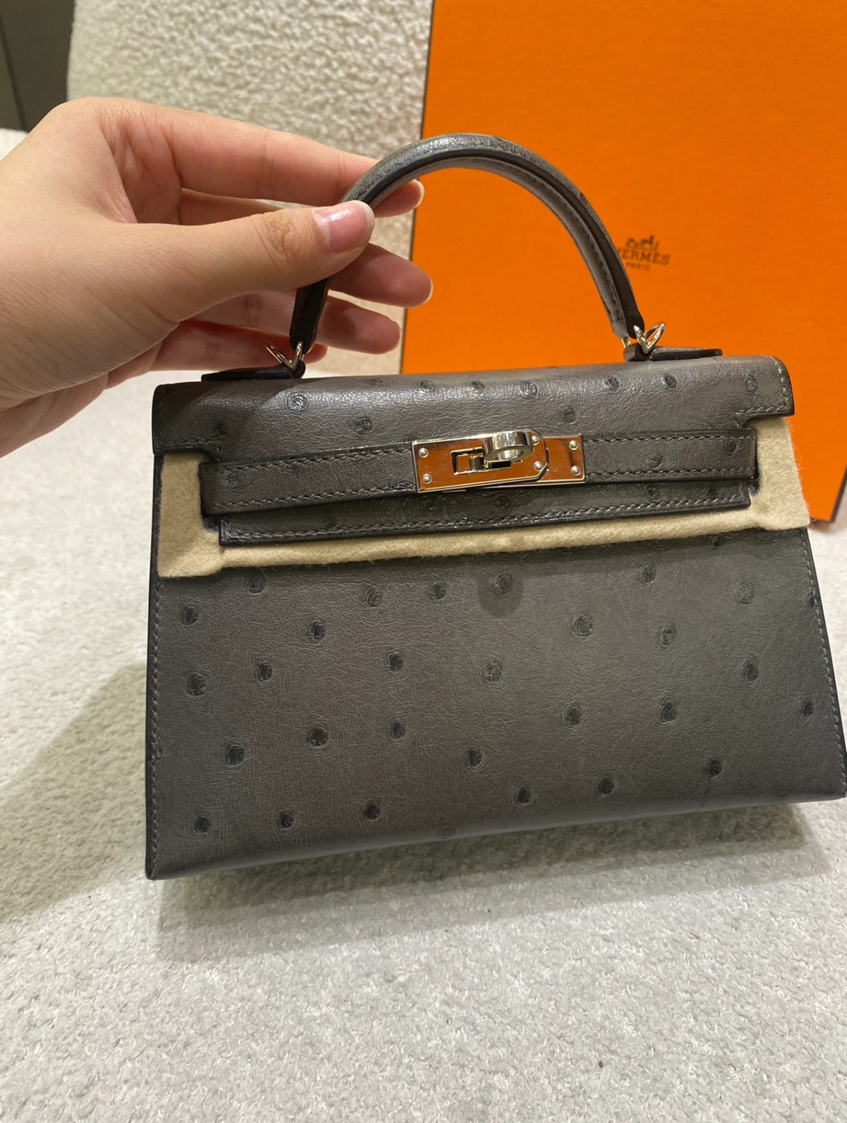 Kelly Mini 19 Pewter Grey Ostrich Leather Custom