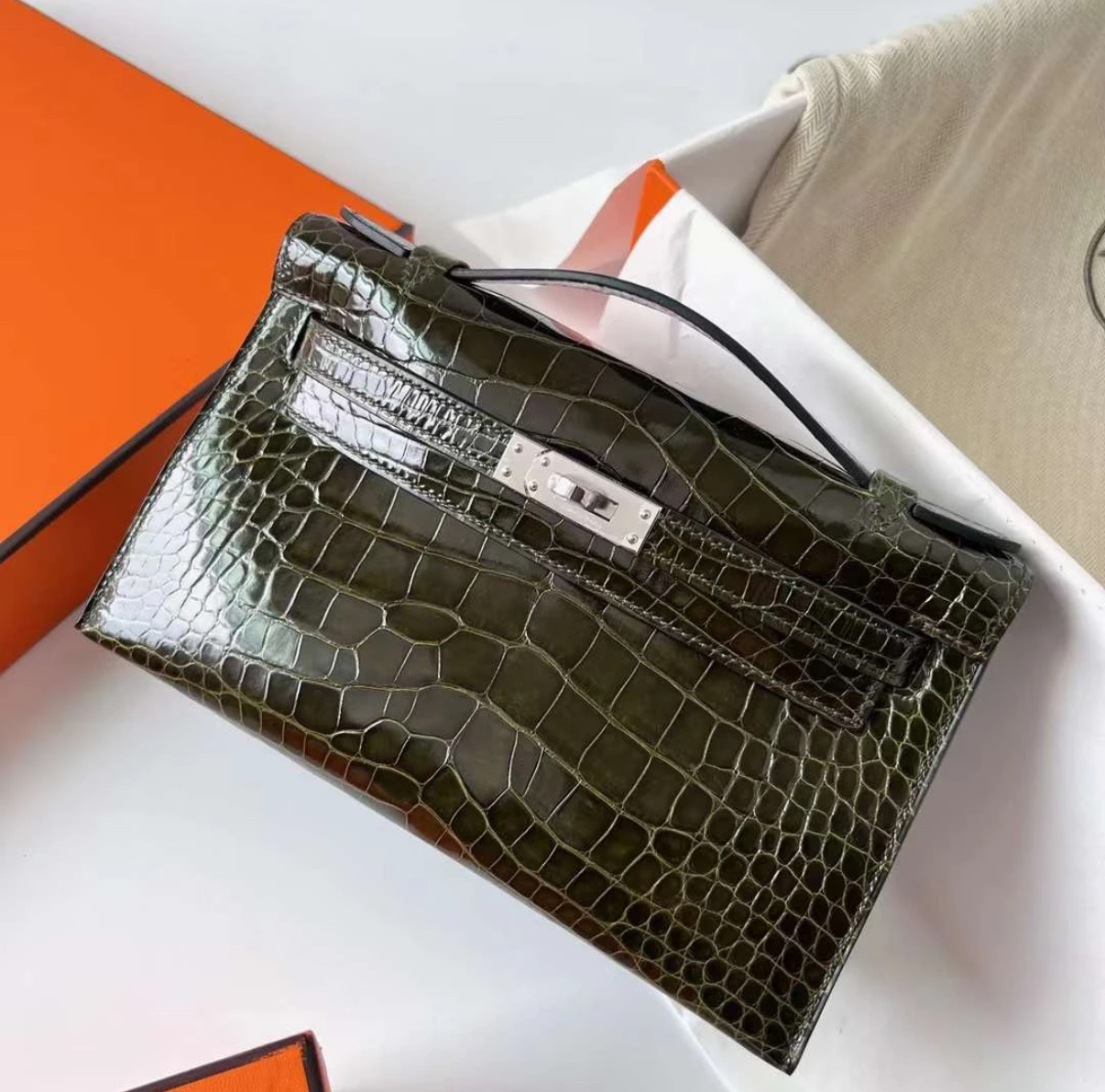 Kelly Mini 20 Olive Green crocodile leather custom