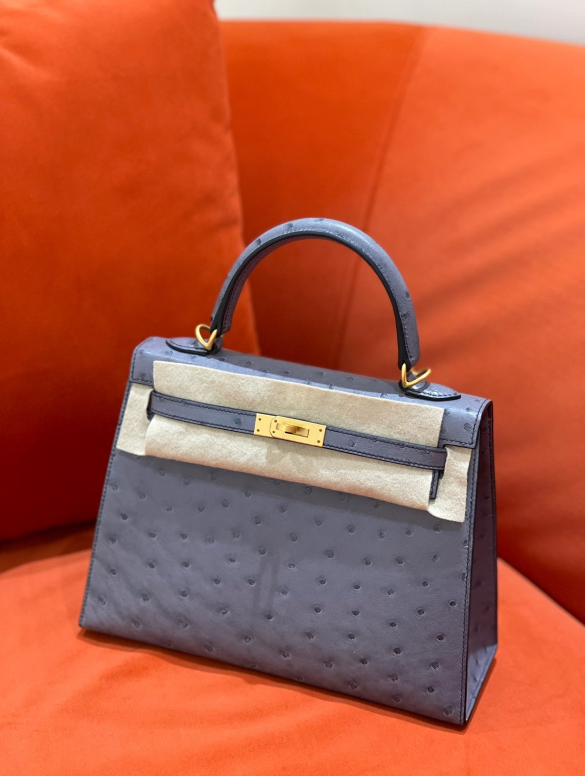 Kelly 25-28 Agate Gray Ostrich leather custom