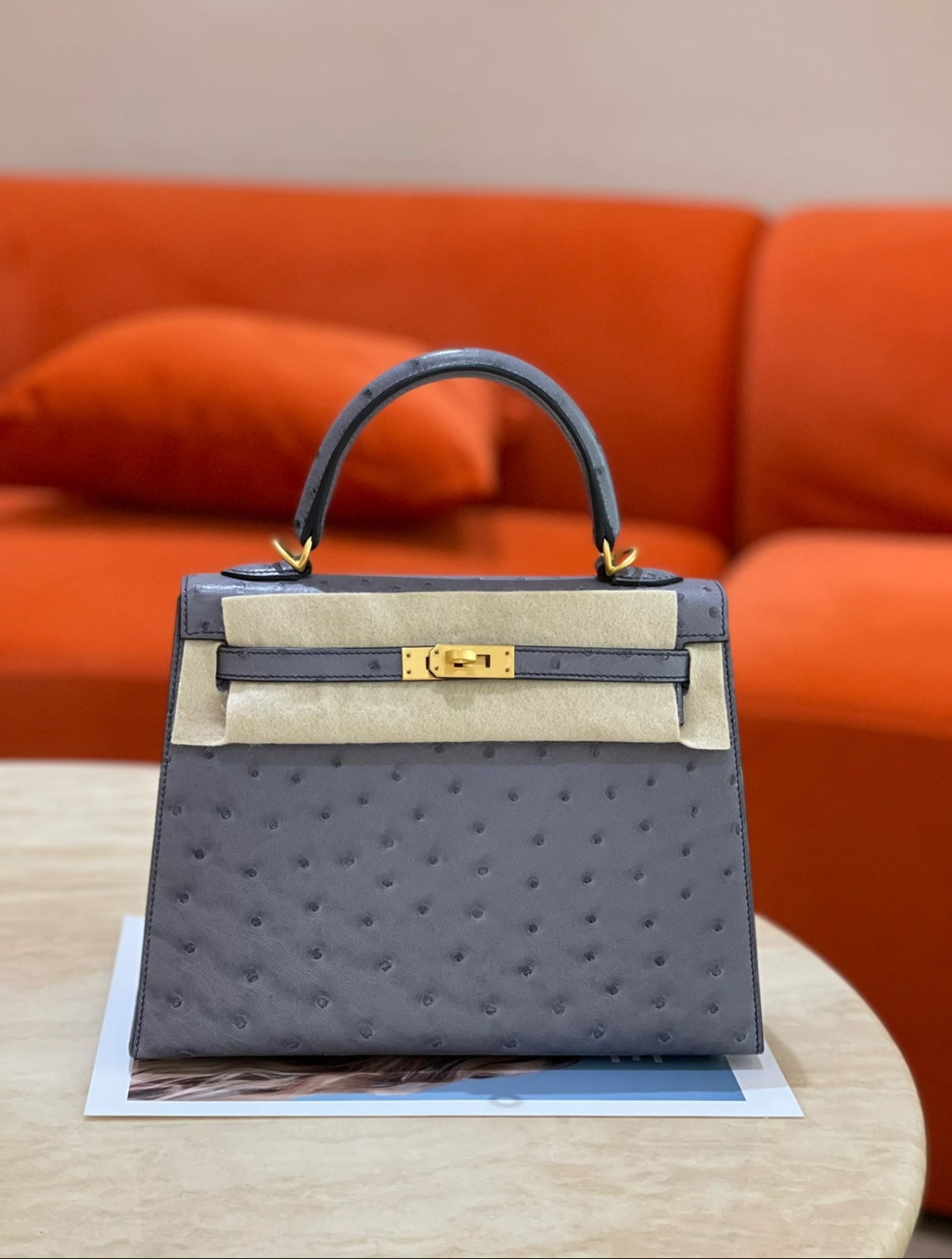 Kelly 25-28 Agate Gray Ostrich leather custom