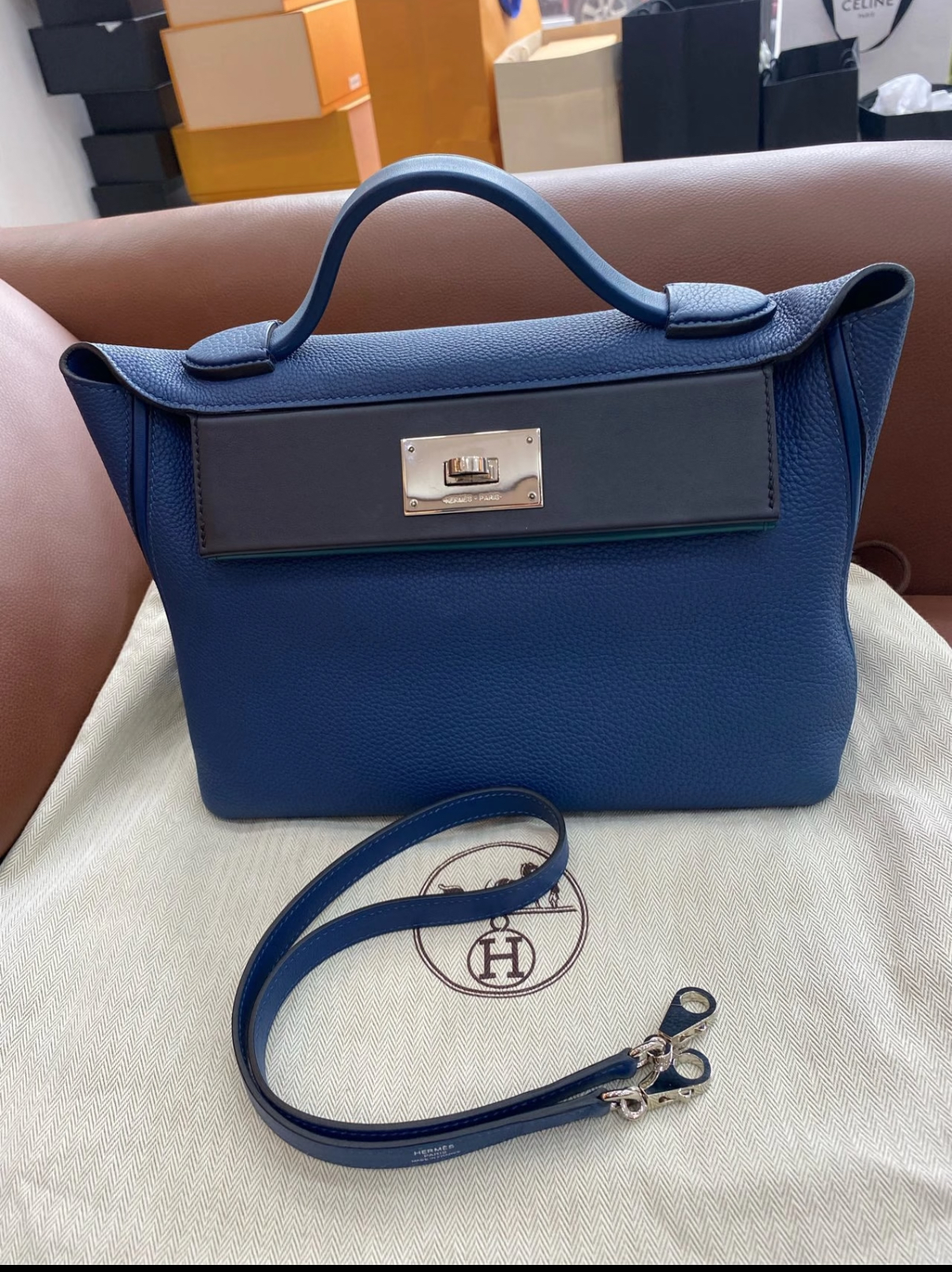 patchwork cowhide 2424 Blue silver buckle