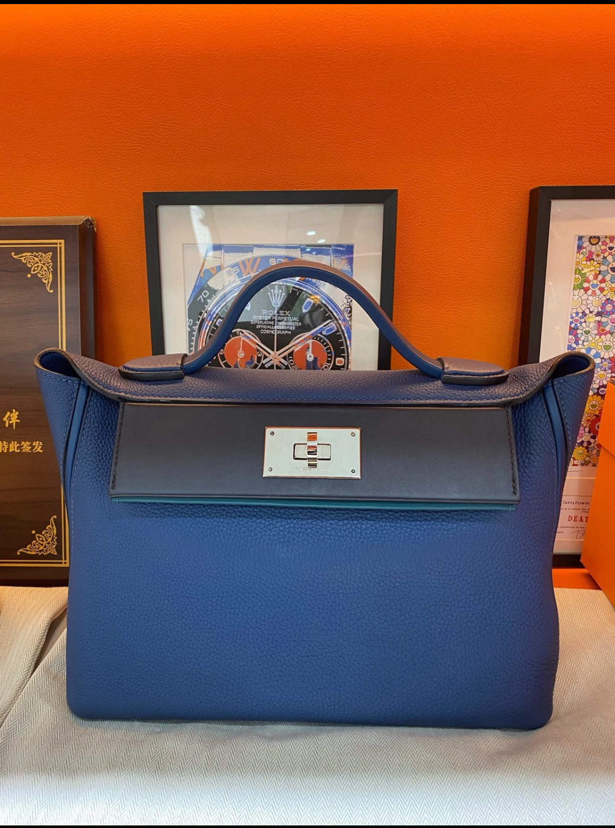 patchwork cowhide 2424 Blue silver buckle