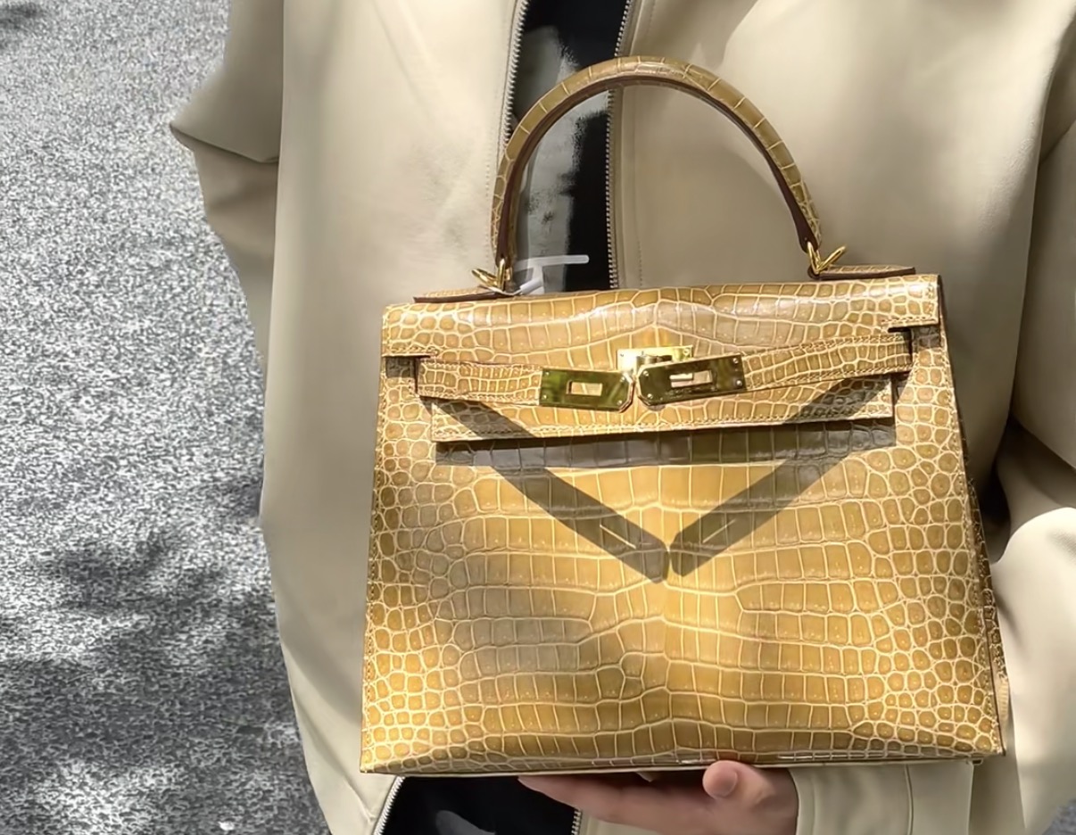 Kelly Dust-colored Glossy Crocodile Leather Custom